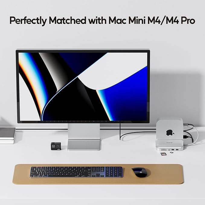 Mac mini M4 Dock with 4TB M.2 SSD Enclosure 8-in-1 Aluminum Vertical USB-C Hub for Mac mini M4 Pro Hub Stand with USB-A/C 3.2 10Gbps 2xUSB-A 2.0 3.5mm Audio SD/TF (SSD NOT Included)