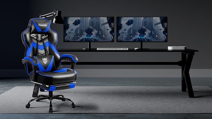 Vonesse Gaming Chair High Back Gaming Chair with Footrest and Massage Gaming Chairs for Adults with Pocket Spring Cushion Big and Tall Reclining Computer Chair with Lumbar Support (Blue/Black)