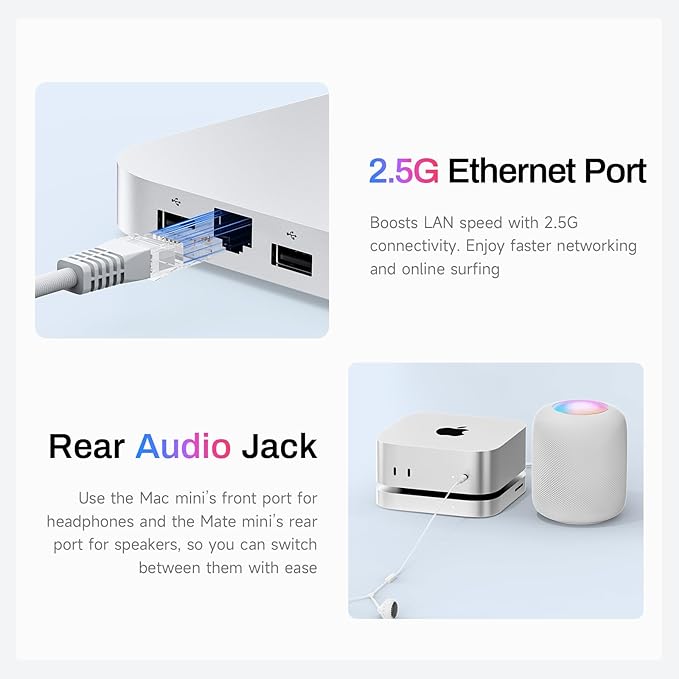 Mate Mini-A 80Gbps Mac mini M4 Dock &amp Stand Dual PCIex2 SSD Slot Max 16TB Expansion PD3.0 Port SD4.0 Card Reader 2.5G LAN 2*USB-A 5Gbps for Laptops/Desktop PC/Mini PC