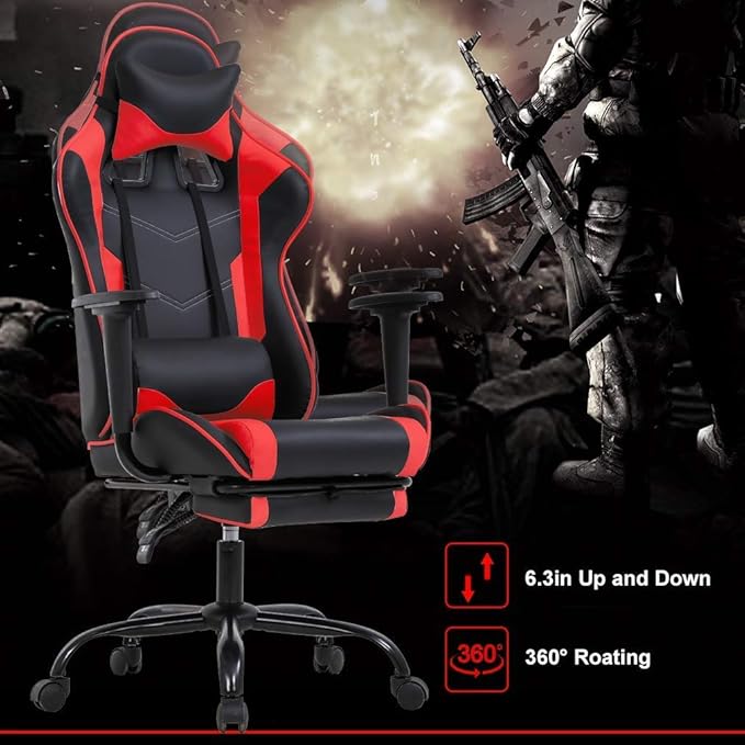 Gaming Chair Video Game Chair with Lumbar Support and Footrest Height Adjustable Ergonomic Computer Gaming Chair with 360° Swivel Seat and Headrest and for Office or Gaming (Red)