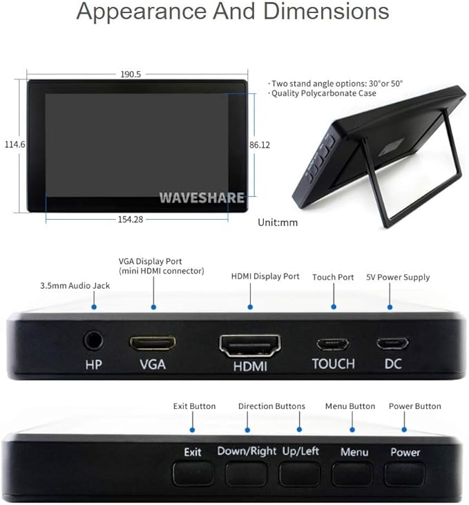 waveshare 7inch HDMI LCD (H) (with case) 1024x600 for Raspberry Pi IPS Display Capacitive Touch Screen Monitor with Toughened Glass Cover Case for Raspberry Pi 4/3/2/1 B B+ A+/Jetson Nano/Windows 10