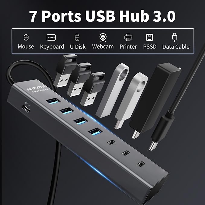 4Ft 7-Port USB Hub 3.0 for Desktop 4 USB-A &amp 3 USB-C Ports Aluminium 5Gbps USB Extender Hub USB Splitter USB Hub Long Cable for Desktop PC Flash Drive Mobile HDD SSD Windows/XPS
