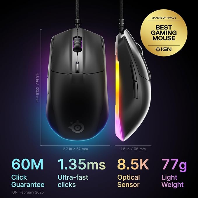 SteelSeries Rival 3 Gen 2 Gaming Mouse — 8500 DPI TrueMove Core Optical Sensor — 60 Million Click Durability — Low Latency — 77g Lightweight — 100% PTFE Feet — RGB — Black (Renewed)