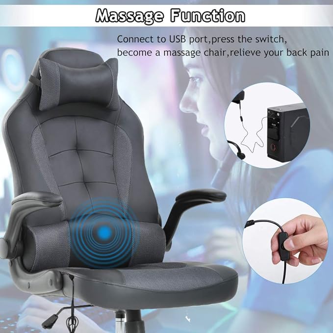 Massage Gaming Chair Ergonomic Office Chair High Back Desk Chair PU Leather Executive Chair with Lumbar Support Headrest Armrest PC Racing Computer Chair Task Rolling Swivel Chair Gery