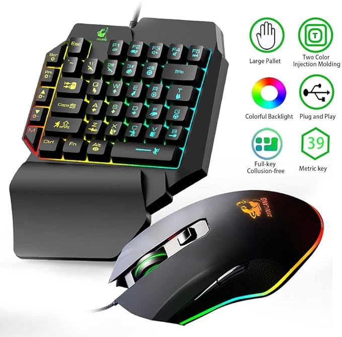 One Handed Gaming Keyboard and Mouse Combo 39 Keys USB Wired Gaming Keypad with Wrist Rest Rainbow Backlit Mechanical Feel Anti-Ghosting Keyboard 6-Button Adjustable DPI Mouse for PC