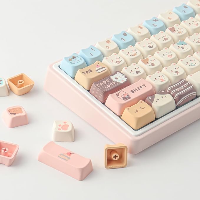 PBT Keycaps 142 Keys Cute Keycaps Dye-Sublimation Sea Salt Cat Keycap Mao Profile Custom Keycap for Cherry Gateron MX Swithes Mechanical Keyboards