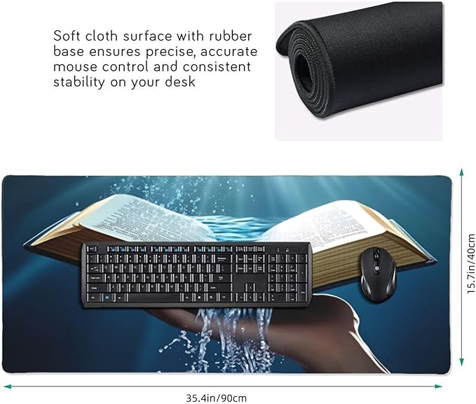 XXL Gaming Mouse Pad Extended (35.5X16) Open Bible with Water Flow Large Non-Slip Desk Mat Water-Resistant Keyboard Mousepad for Office &amp Home