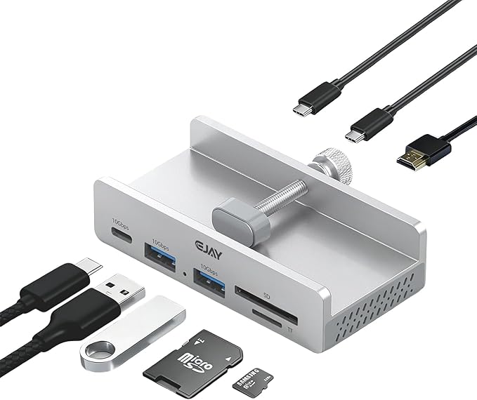 Ejay 7-in-1 USB C Hub with Clamp Mount 4K@60Hz HDMI for MacBook Pro 100W PD Charging 10Gbps USB 3.2 Hub for SD/TF Card Reader Aluminum Hub for XPS iPad Pro Windows Silver