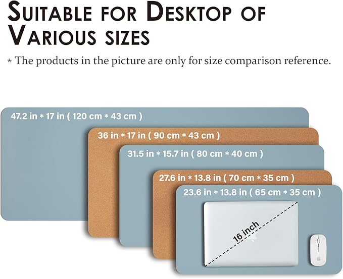 Large Cork Desk Mat - 47.2x 17 Desk Pad for Office and Home - Ideal for Large Mouse Pad and Desk Mats on Top of Desks(Light Blue)