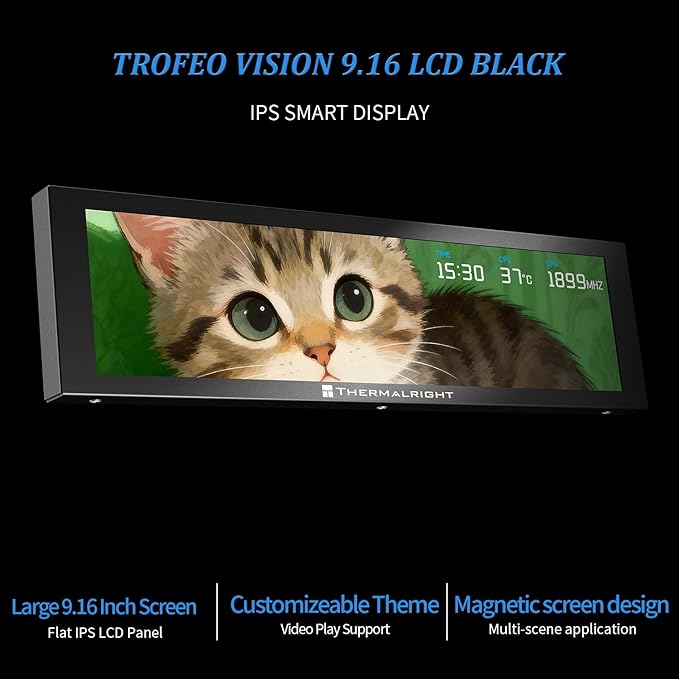 Thermalright Trofeo Vision 9.16 LCD Black 9.16-inch Full-Color LCD Magnetic Display Screen 1920x480 Resolution Easy to InstallMaster CPU/GPU Temperature(Black)