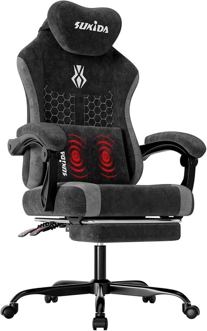 SUKIDA Fabric Video Gaming Chair Ergonomic High-Back Computer Game Chairs with Large Massage Adjustable Lumbar Support Headrest and Linked Armrests for Long Hours Sitting Task Chair Black