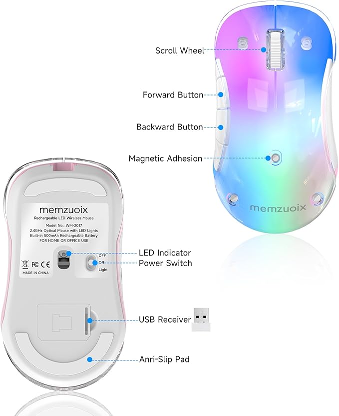 memzuoix 2.4G Wireless Mouse with Customizable Cover &amp 9-Color LED - Rechargeable Ergonomic 1400 DPI 5 Buttons USB Receiver for PC/Mac - Pink