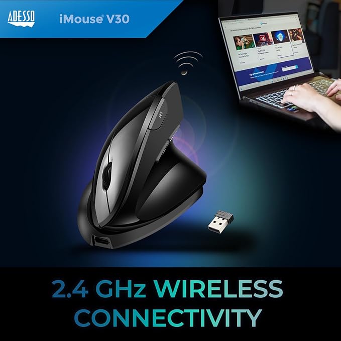 Adesso iMouse V30 Wireless Adjustable Vertical Ergonomic Mouse with Customizable Angles and DPI Switch - Reduces Wrist Strain 2.4GHz USB Receiver Made in Taiwan TAA-Compliant