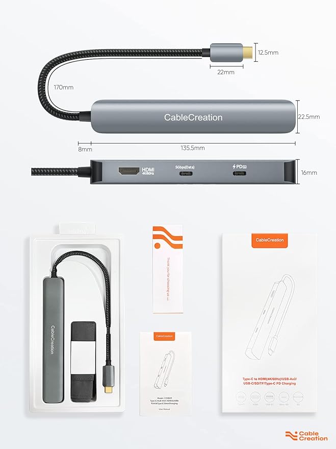 CableCreation 7-in-1 USB-C Hub with 4K 60Hz HDMI 100W PD 2 USB 3.0 5Gbps Data Ports SD/TF Card Slots for Steam Deck MacBook Pro/Air iPad Pro Pixelbook XPS