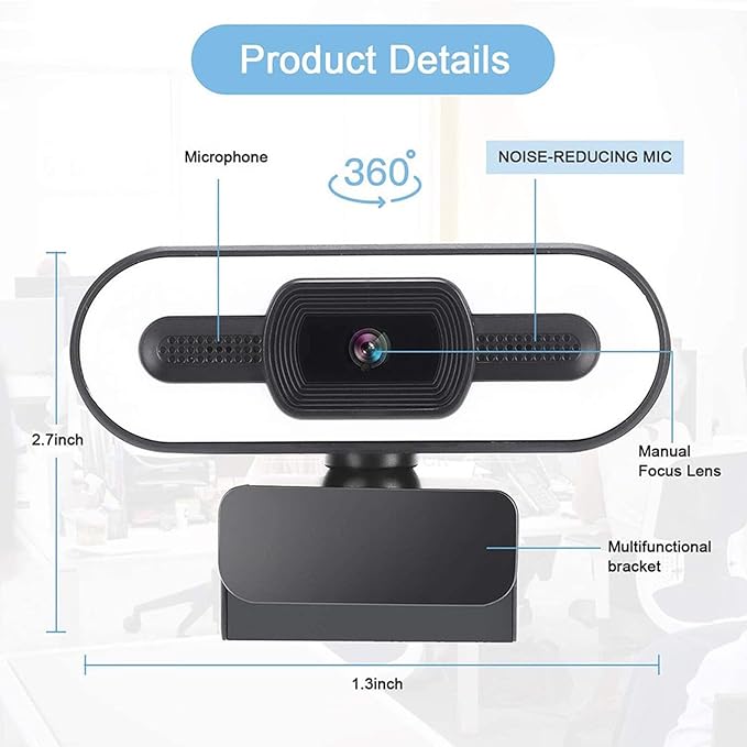 1080P HD Webcam with Microphone 120° Wide Angle Camera with Adjustable Ring Light Auto Focus Laptop USB Webcam for Video Calling Recording
