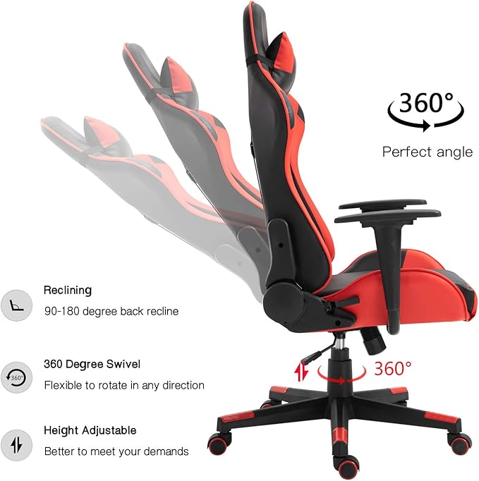 Modern-Depo Gaming Chair with Headrest and Lumbar Support Height Adjustable Swivel Office Chair High-Back Recliner Black Red