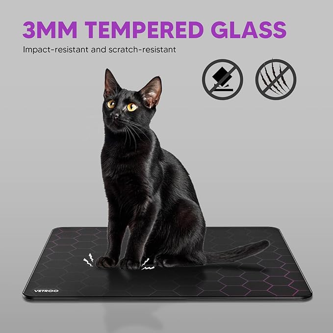 Vetroo GMP300 Tempered Glass Gaming Mouse Pad Micro-Etched 3mm Tempered Glass with Silicone Anti-Slip Base Multi-Layer Curing Smooth Operation for Esport &amp Work (Black)