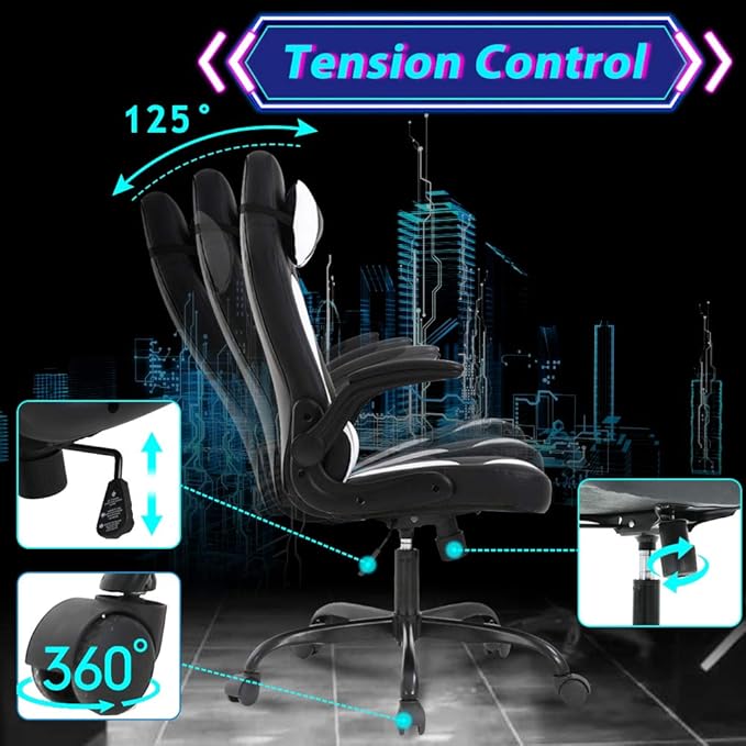 Gaming Chair Ergonomic Home Office Video Game Chairs Massage PU Leather Computer Chair Adjustable Swivel Chairs with Lumbar Support Headrest White
