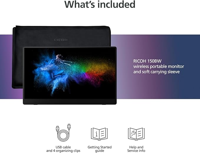 Ricoh 150BW Portable 15.6 Vivid OLED 350nit Lightweight Display Monitor and Touchscreen w/Dual Speakers Wireless with Multicasting Battery Powered - for Laptop Desktop Mac PC