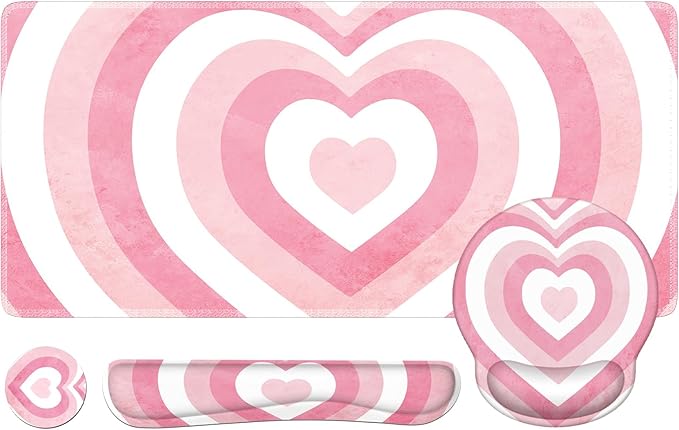 iLeadon Pink Desk Mat Desk Pad + Pink Mouse Pad with Wrist Rest + Keyboard Wrist Rest + Coaster 4in1 Mouse Pad Set Mouse and Keyboard Pad for Home Office Heart Pink