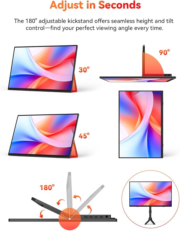 HotYeah Portable Monitor 15.6-in 1080P FHD Laptop Monitor USB-C HDMI External Computer Display HDR FreeSync IPS w/Kickstand &amp Speaker 2nd Screen for Laptop PC Mac Phone Tablet Switch PS5 Xbox