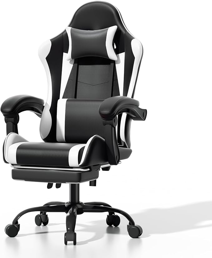 Athena Collection Gaming Chair Ergonomic Gaming Chair with Footrest &amp Headrest Lumbar Support Height Adjustable Swivel Computer Chair Office Chair for Kids Adults(White)