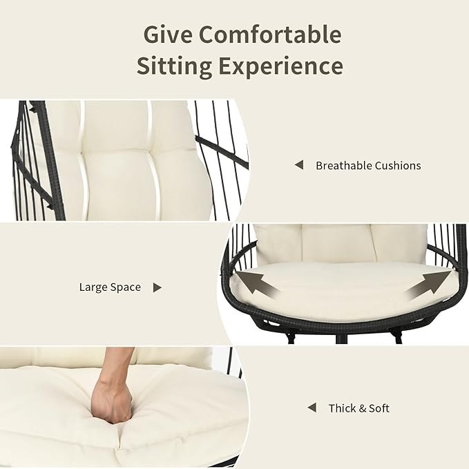 Office Chair Gaming Chair Computer Chair Hanging Wicker Egg Chair w/Stand Cushion Foldable Outdoor Indoor Beige