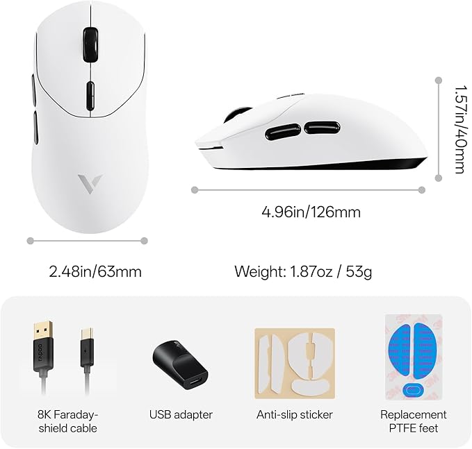 Rapoo VT2 Wireless Gaming Mouse True 8K Wireless Polling Rate 53g Lightweight Up to 750 Hr Battery Nordic nRF54L15 MCU 100-Million Mechanical Switch 10 Programmable Buttons Macro Enabled