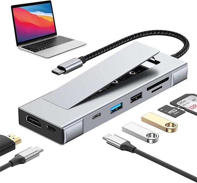 8-in-1 USB C Hub with M.2 NVMe SSD Enclosure 4K HDMI 100W PD 10Gbps USB-C USB3.2 SD/TF Card Reader for XPS Dell MacBook Pro iPad Pro Upgraded