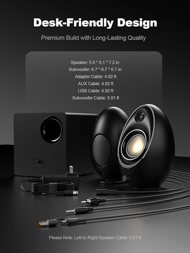 Bluedee Computer Speakers with Subwoofer 2.1 PC Speakers with Deep Bass and 80W Peak Power Adapter Powered Bluetooth 5.4 &amp USB/USB-C/AUX-in RGB Desktop Speakers for Computer Laptop Monitor