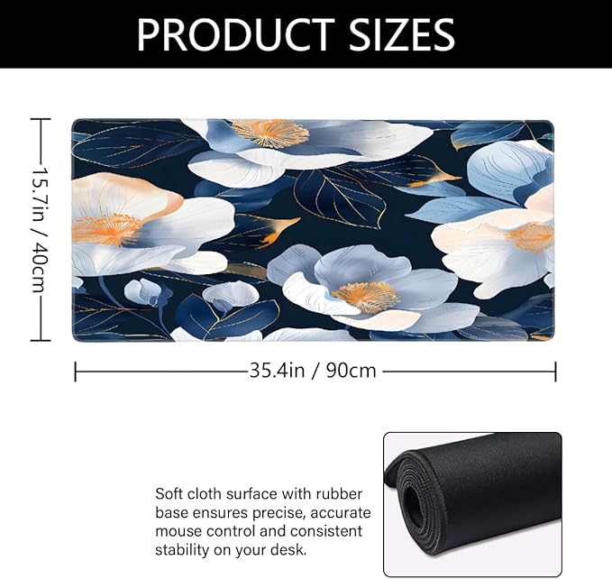 Blue Floral Flower Large Mouse Pad Gaming Mousepad Desk Mat for Desktop Computer Keyboard Waterproof Mouse Mat Desk Pad with Non-Slip Base for Game School Office Home 35.4 x 15.7