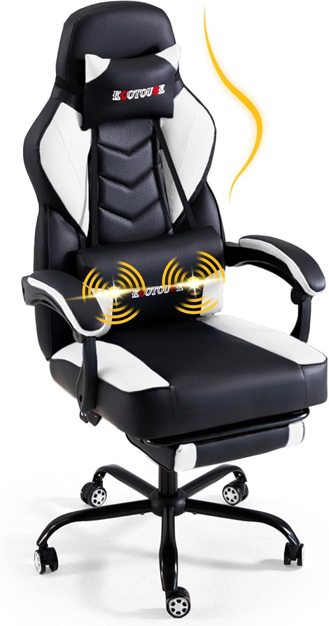 ECOTOUGE Gaming Chair with Footrest Big and Tall Silla Gamer with Massage Lumbar Support Ergonomic Gamer Chair with Reclining High Back 360° Swivel Gaming Computer Chair White