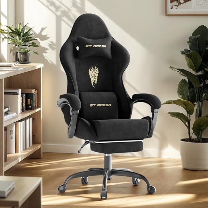 Soontrans Comfortable Video Gamer Chairwith Footrest Ergonomic Velvet Fabric Gaming Chair for Adult Reclining Desk Game Office Computer Chairs with Massage Lumbar CushionHeadrest