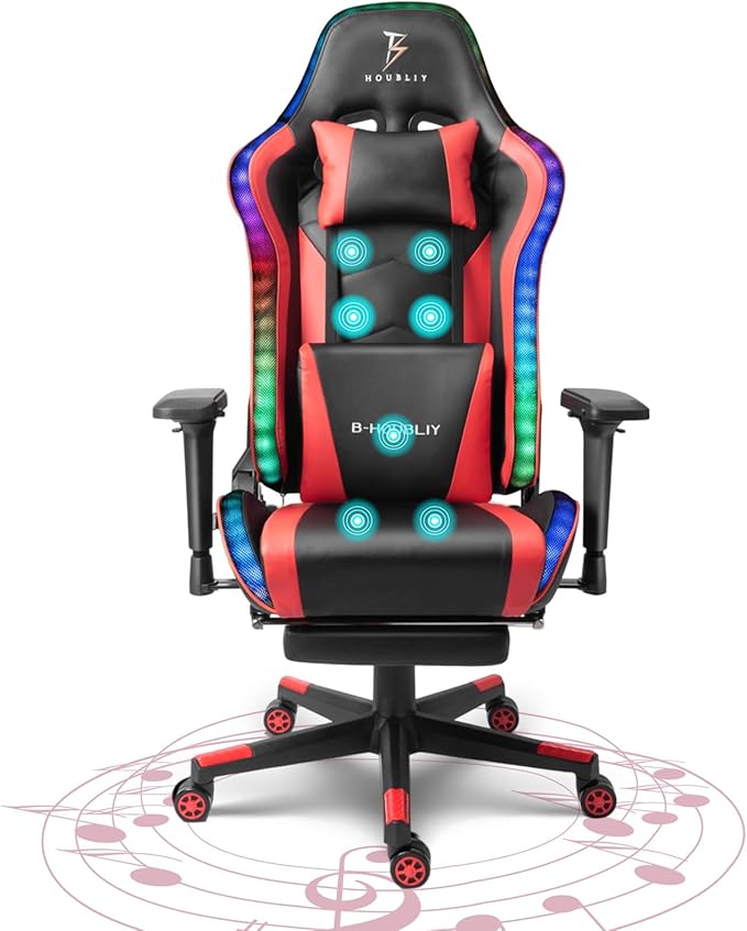 Ergonomic High Back RGB Gaming Chair with Footrest Massage Video Game Chairs with Speakers Computer Chair with 4D Handrail Lumbar Support PU Leather 360° Swivel Racing ChairRed