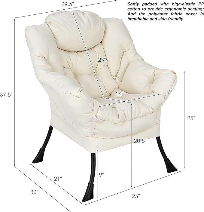 Beige Polyester Fabric Lazy Chair Upholstered Single Sofa Chair with Side Pocket Soft Headrest Wide and Thick Seat Cushion Curved Armrest Perfect for Watching TV Relaxing Reading Playing Video Games