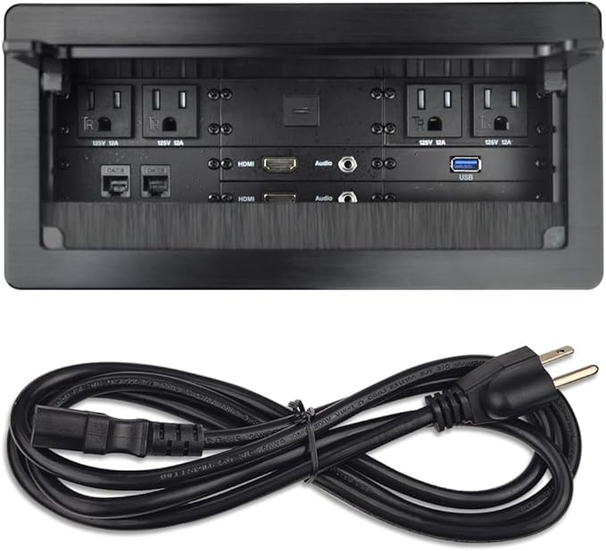 Tabletop Multimedia Connectivity Box with 4 AC Power+2 HDMI+2 RJ45+1 USB3.0 Port +1 USB-C +2 Audio with 5.58ft Power Cord for Conference Room Office Desk(Black)