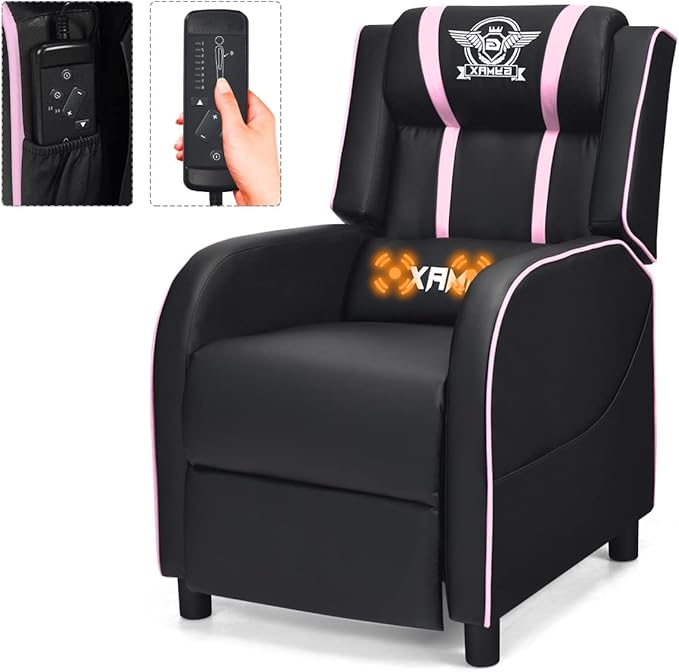 Gaming Recliner Movie Theater Chair w/Adjustable Backrest &amp Footrest Massage Lumbar Pillow Racing Single Sofa PU Leather Reclining Chair for Gaming Room Home Theater (Pink)