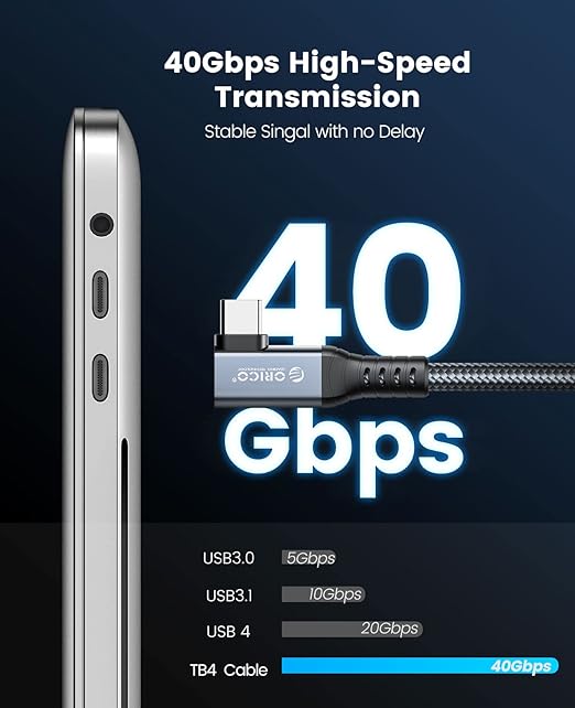 ORICO Cable Compatible with Thunderbolt 4 Right Angle 6.56Ft40Gbps USB C to USB C Cable 100W Charging/Diaply 8K@60Hz Compitable with MacBooks iPad Pro Thunderbolt 4/3 and USB-C Device