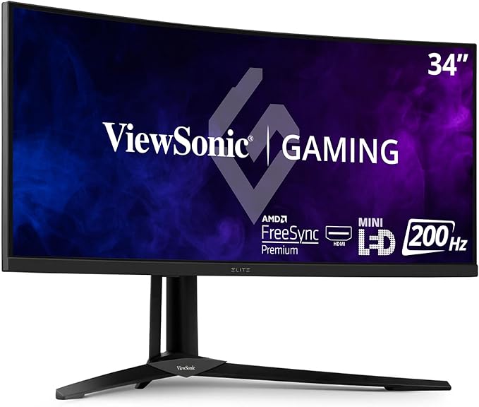 ViewSonic XG341C-2K 34 Inch 1440p 21:9 Curved Gaming Monitor 1ms 200Hz FreeSync Premium Pro Mini LED HDMI 2.1 USB C HDR1400