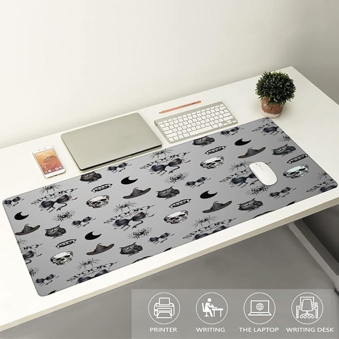 Grey Halloween Skull Owl Large Mouse Pad Gaming Mousepad Desk Mat for Desktop Computer Keyboard Waterproof Mouse Mat Desk Pad with Non-Slip Base for Game School Office Home 35.4 x 15.7