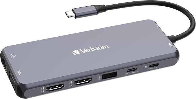 Verbatim USB C Hub 14-in-1 Multiport Adapter USB-C to HDMI VGA RJ45 USBA-A and USB-C PD with SD Card Reader for Mac MacBook Pro/Air iPad Pro Thinkpad Windows Computer Laptop and Co gray