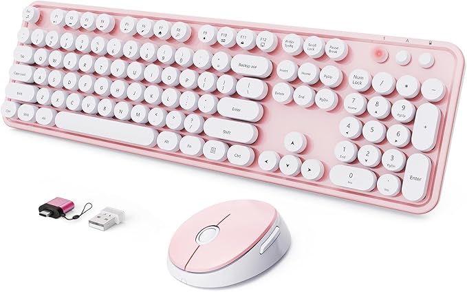 Wireless Keyboard and Mouse Combo Ergonomic Full Size Typewriter Retro Round Keycaps Keyboard Compatible with Windows PC Perfer for Home and Office Keyboards (Lovely Pink)
