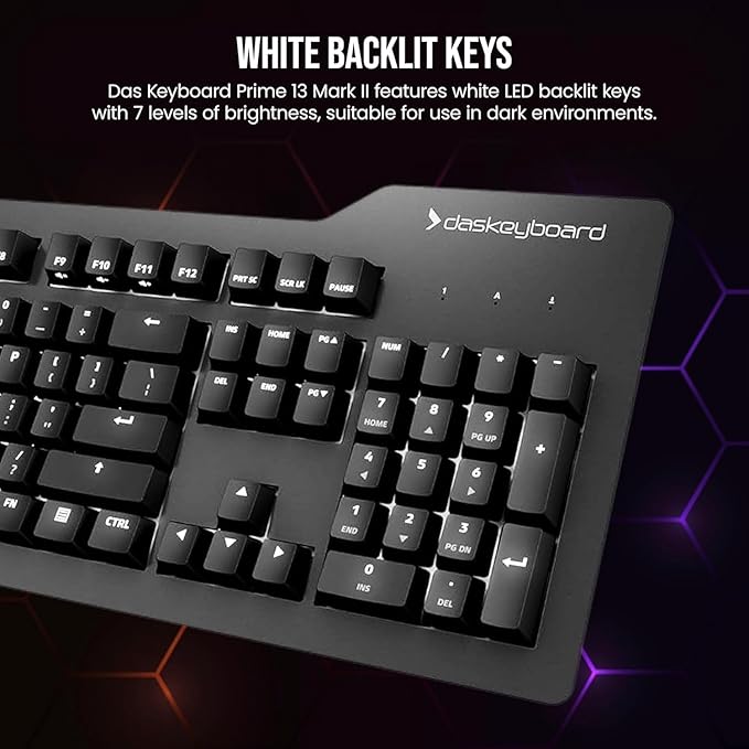 Das Keyboard Prime 13 Mark II Backlit Wired Mechanical Keyboard Cherry MX2A Red Mechanical Switches Clean White LED Backlit Keys USB Pass-Through Aluminum Top Panel (104 Keys Black)