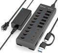 Powered USB Hub 10-Port USB C Hub with 6 USB-A 3.2 4 USB-C 3.2 Ports Individual Switches and 12V/5A Power Adapter Aluminum USB Extension for MacBook Laptop/PC and More(Black)