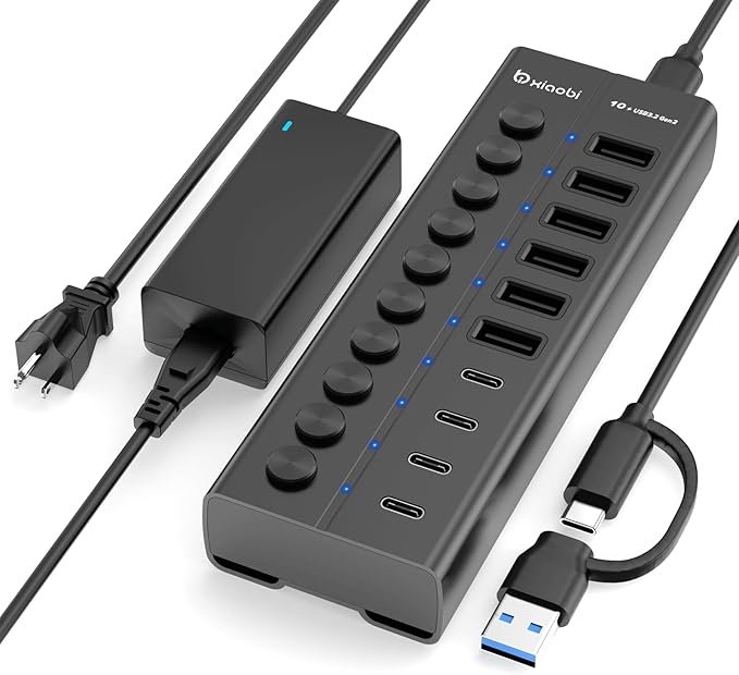 Powered USB Hub 10-Port USB C Hub with 6 USB-A 3.2 4 USB-C 3.2 Ports Individual Switches and 12V/5A Power Adapter Aluminum USB Extension for MacBook Laptop/PC and More(Black)