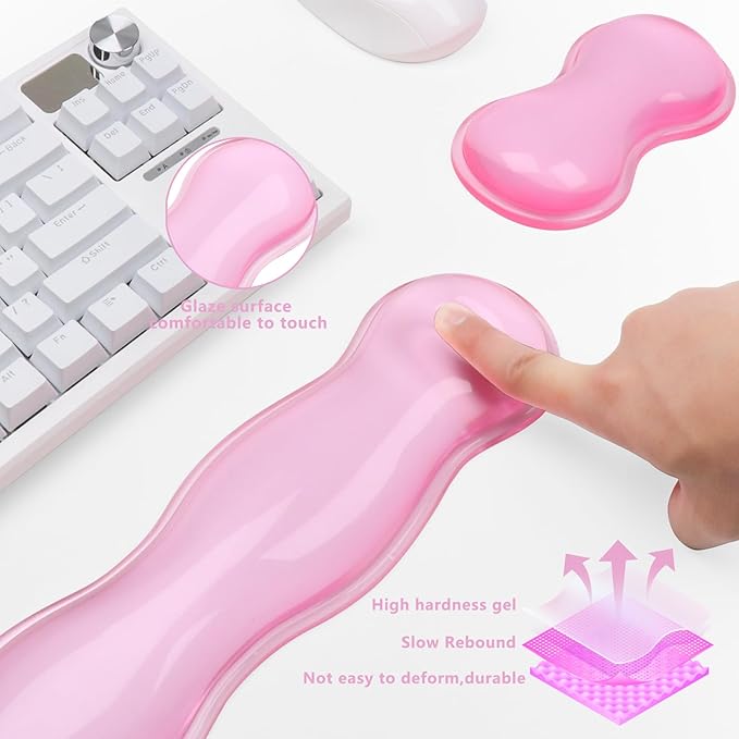 Gel Keyboard and Mouse Wrist Rest Cute Wrist Support and Arm Support Keyboard Rest for Keyboard and Mouse Typing Pain ReliefSuitable for Office/Computer/Laptop/Gaming (Transparent Pink Set)