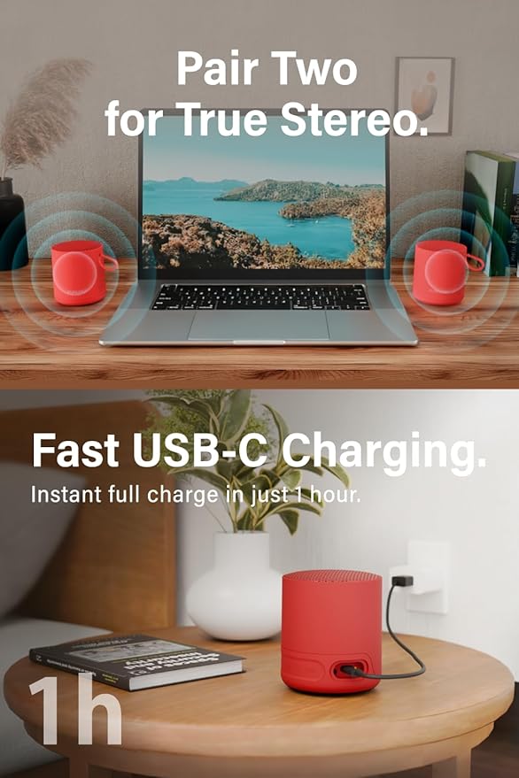 Portable Mini2 Bluetooth Speaker Wireless Portable Speaker with Deep Bass IPX7 Waterproof TWS Stereo Pairing Built-in Mic Small Speaker for Shower Outdoor Travel Red