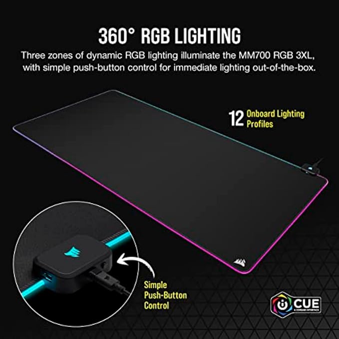 Corsair MM700 RGB Extended 3XL Cloth Gaming Mouse Pad/Desk Mat - Massive 1220mm x 610mm (48” x 24”) Cloth Surface 360° Three-Zone RGB Lighting Two USB Ports - Black