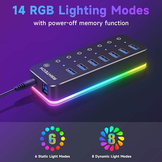 Powered USB Hub RSHTECH RGB 7 Ports USB 3.0/USB C Hub with 14 Mode RGB LED Strip Individual Touch Switches 3.3ft Cable and 5V/4A Power Adapter Aluminum Gaming USB Hub for PC and Laptop RSH-518R