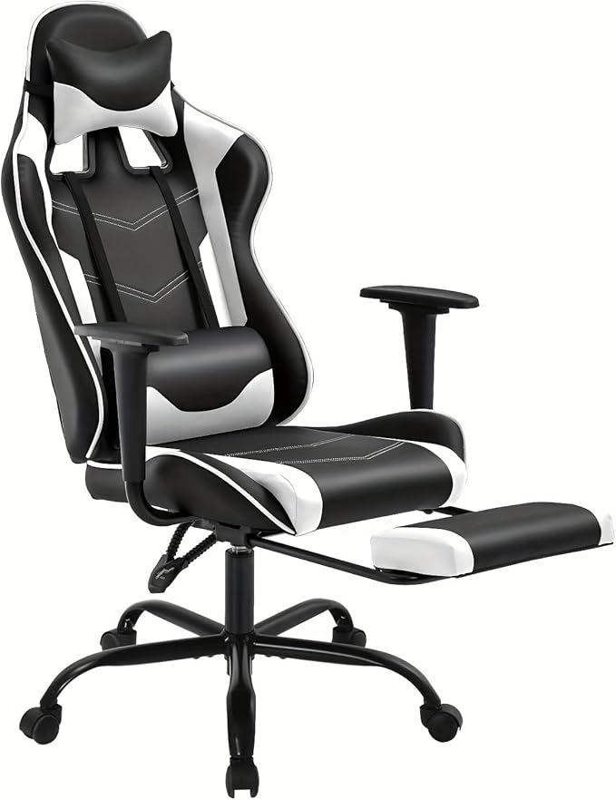 Gaming Chair with Footrest and Lumbar Support Height Adjustable Reclining 360 Swivel for Adults White